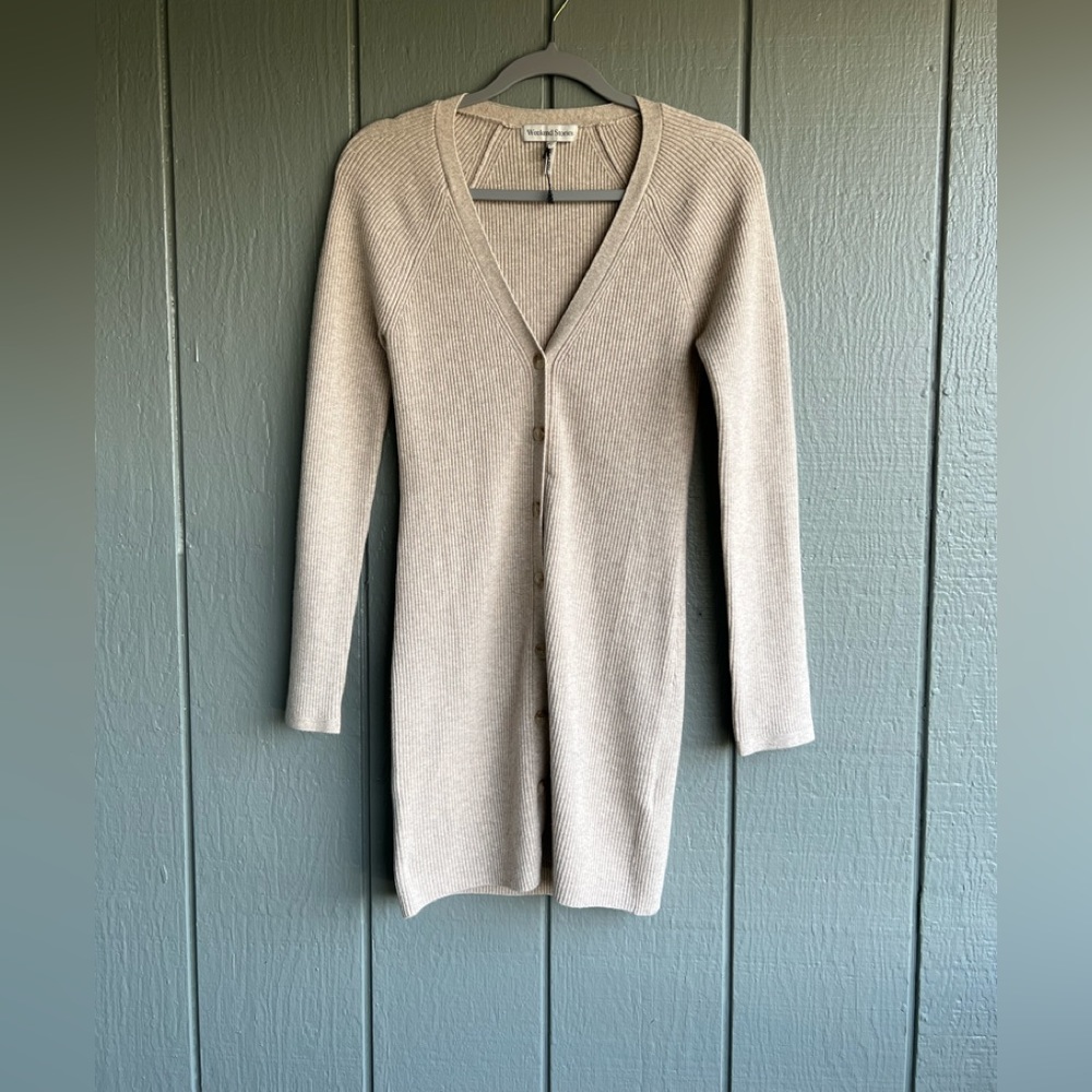 Weekend Stories Classic Tan Wool Cashmere Blend Ribbed Duster Cardigan Sweater